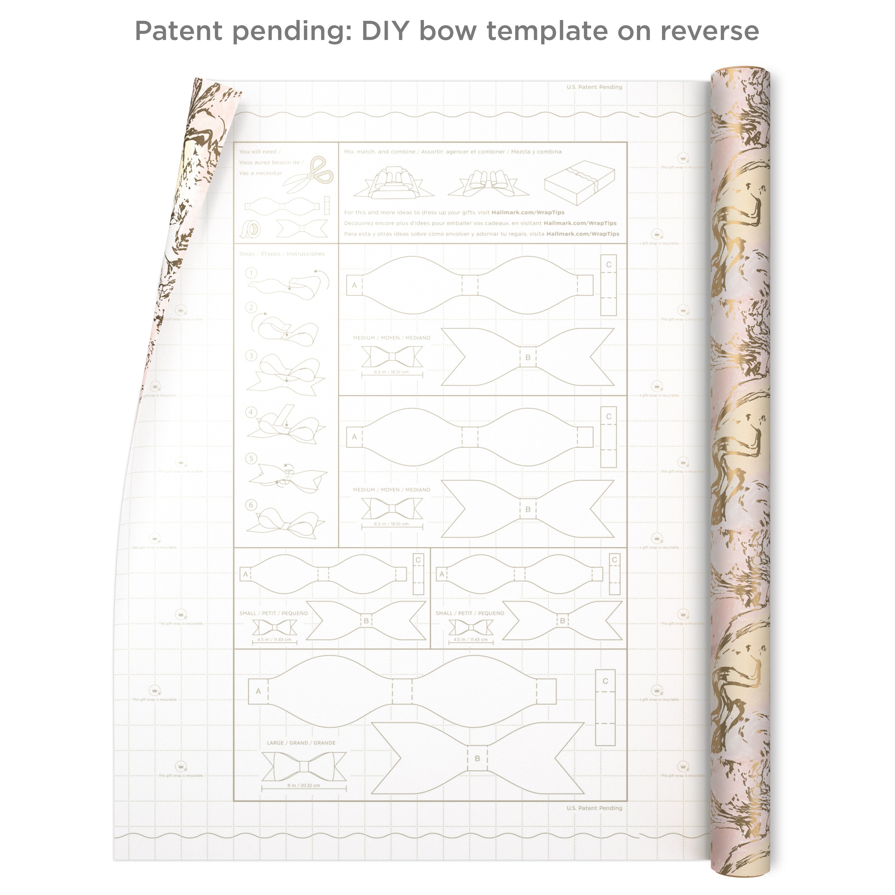 Hallmark Pink and Gold Wrapping Paper with DIY Bow Templates on Reverse (3-Pack: 75 sq. ft. ttl) for Birthdays, Weddings, Bridal Showers, Crafts