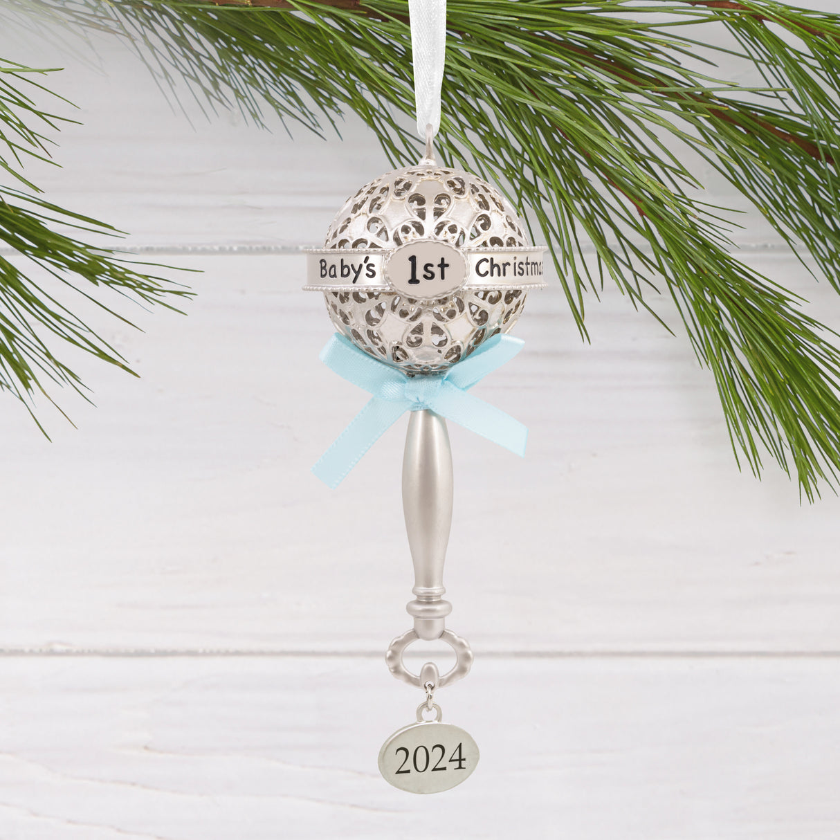 Baby's First Christmas Silver Baby Rattle With Blue Ribbon 2024 Christmas Ornament, Metal