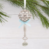 Baby's First Christmas Silver Baby Rattle With Blue Ribbon 2024 Christmas Ornament, Metal