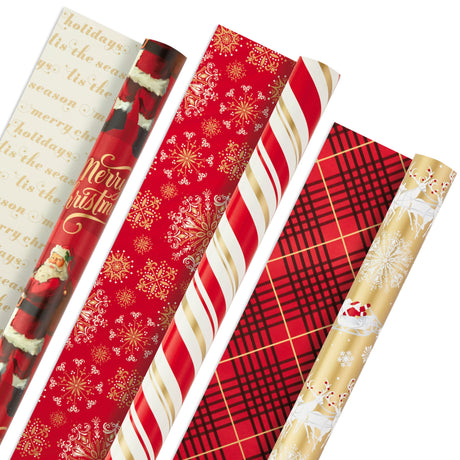 Christmas Reversible Wrapping Paper, Classic Santa (Pack of 3, 120 sq. ft. ttl) Red and Gold Snowflakes, Stripes, Plaid, Santa's Sleigh