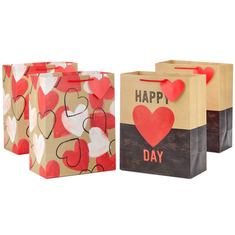 Hallmark 13" Large Kraft Valentine's Day Gift Bags (4 Bags, 2 Designs: Happy Heart Day, Rustic Hearts) for Kids, Adults, Galentine's Day, Weddings