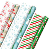 Reversible Christmas Wrapping Paper (3 Rolls: 120 sq. ft. ttl) Rustic Santa, Papercraft Snowmen, Candy Canes, Stripes, Snowflakes, "Merry Christmas to You"