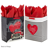 13" Large Valentine's Day Gift Bags with Tissue Paper (2 Bags: Vintage Red Truck, Black and White Stripes) for Adults, Spouse, Husband, Boyfriend