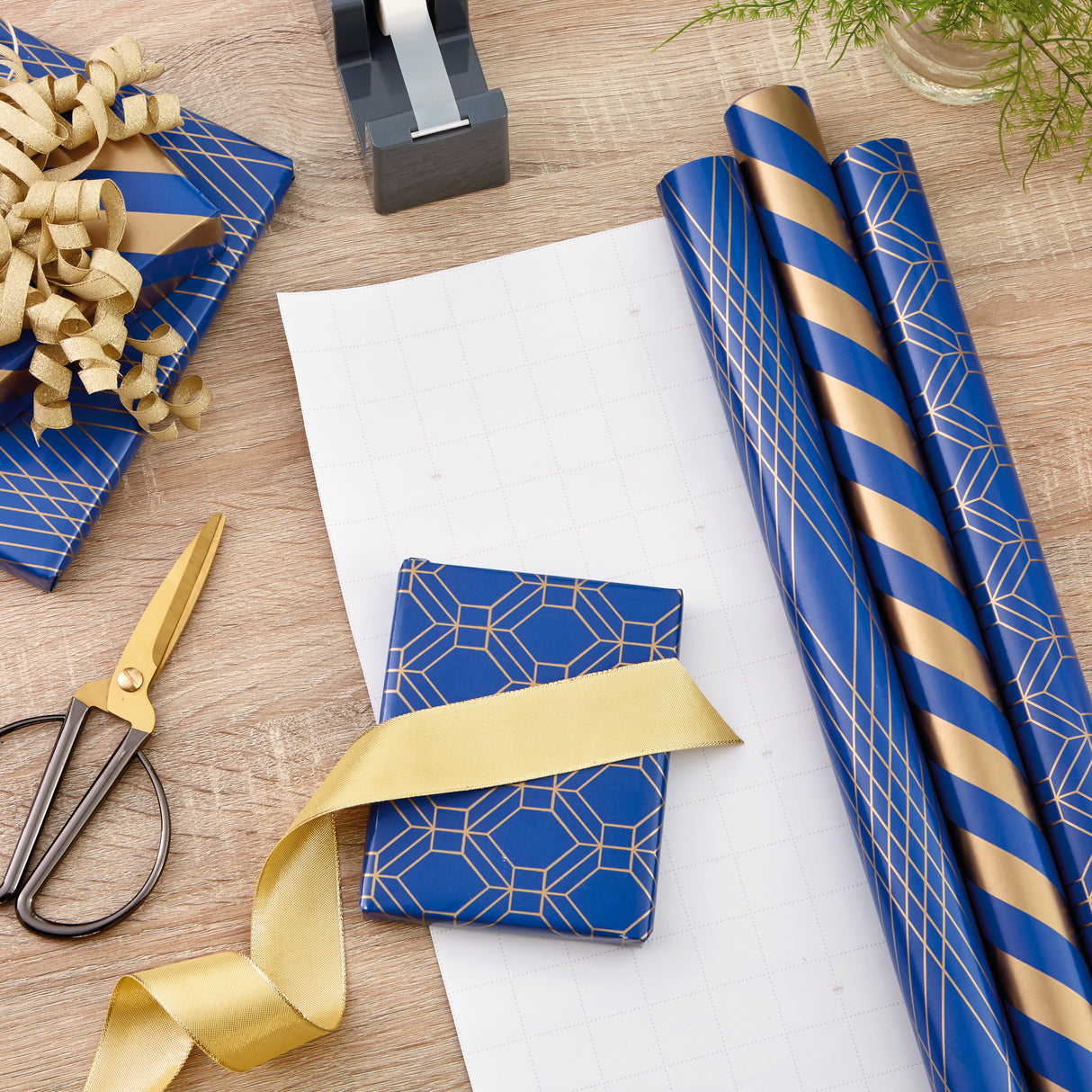 Hallmark All Occasion Wrapping Paper Bundle with Cut Lines on Reverse - Dark Blue and Gold (3-Pack: 105 sq. ft. ttl.) for Birthdays, Weddings, Valentine's Day, Graduations, Father's Day