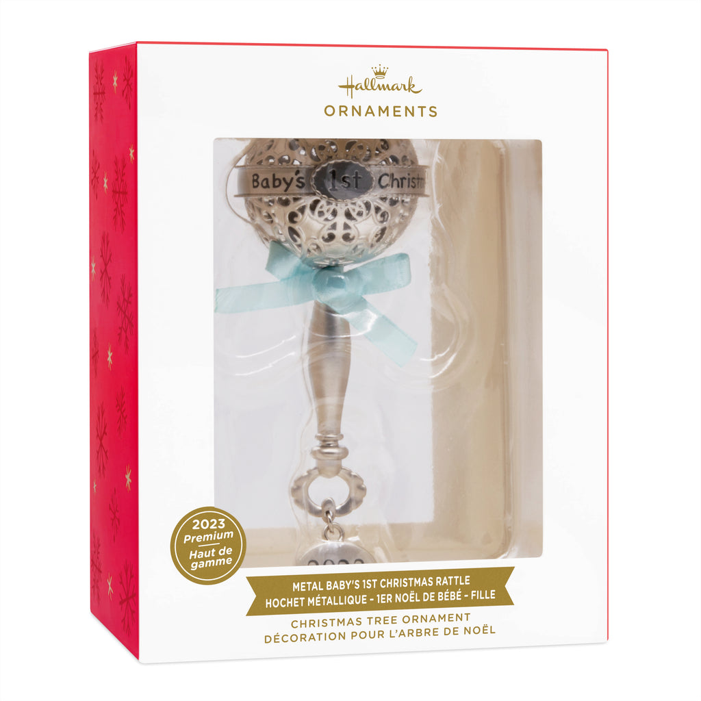 Hallmark Baby's First Christmas Silver Baby Rattle With Blue Ribbon 2023 Christmas Ornament, Premium Metal