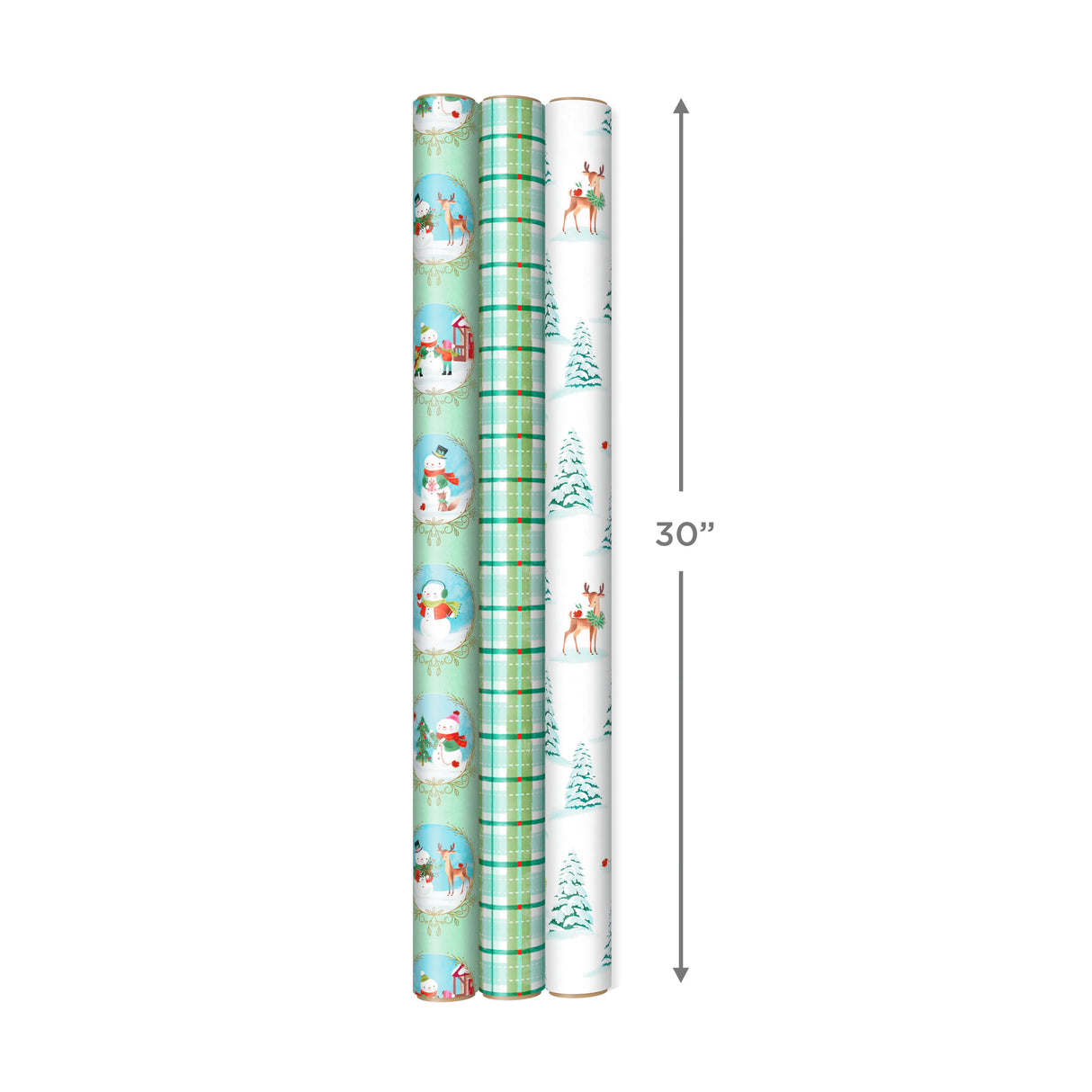 Christmas Wrapping Paper with Cut Lines on Reverse (3 Rolls: 120 sq. ft. ttl) Storybook Critters, Snowmen, Green and Blue Plaid