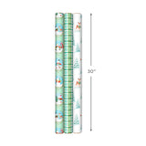 Christmas Wrapping Paper with Cut Lines on Reverse (3 Rolls: 120 sq. ft. ttl) Storybook Critters, Snowmen, Green and Blue Plaid