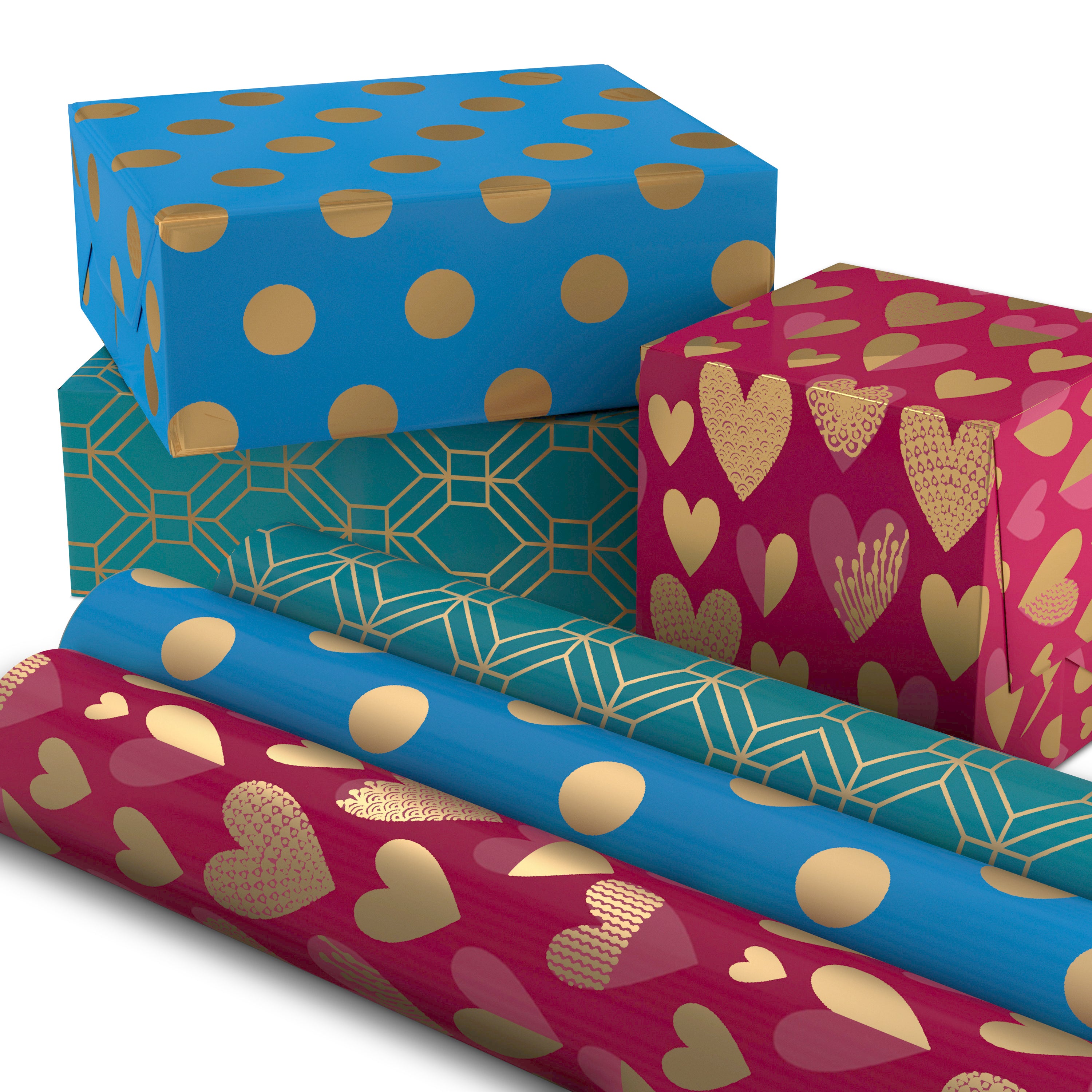 Hallmark All Occasion Wrapping Paper Bundle with Cut Lines on Reverse - Blue, Emerald, Magenta & Gold (3-Pack: 105 sq. ft. ttl.) for Birthdays, Weddings, Valentine's Day, Graduations & Bridal Showers
