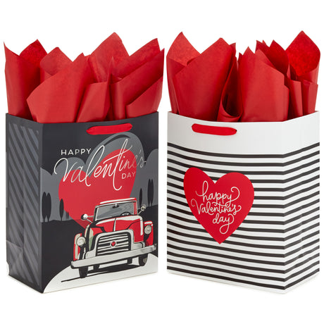 13" Large Valentine's Day Gift Bags with Tissue Paper (2 Bags: Vintage Red Truck, Black and White Stripes) for Adults, Spouse, Husband, Boyfriend