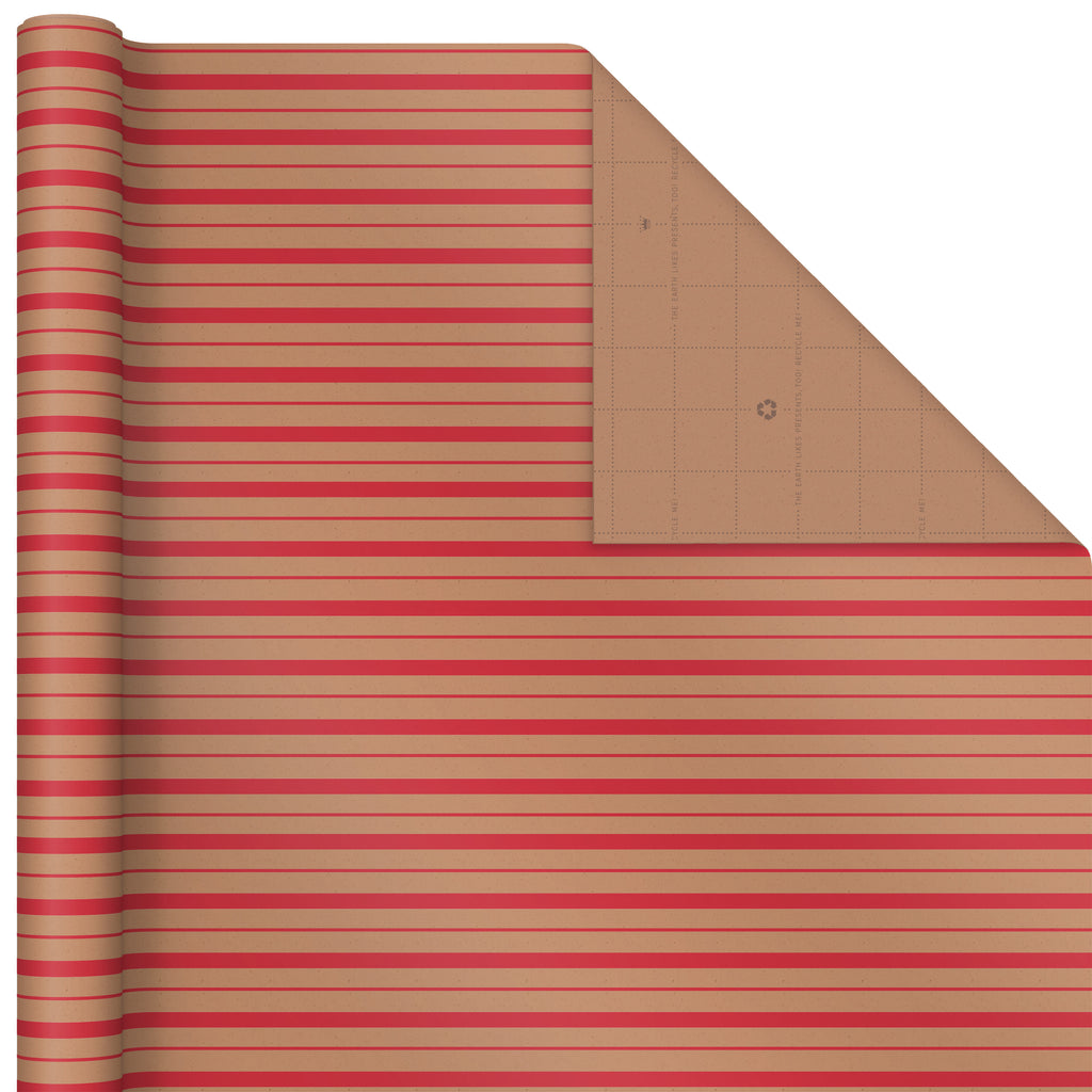 Hallmark Sustainable Christmas Wrapping Paper with Cut Lines on Reverse (3 Rolls: 90 sq. ft. ttl) Kraft with Santas, Trees, Stripes