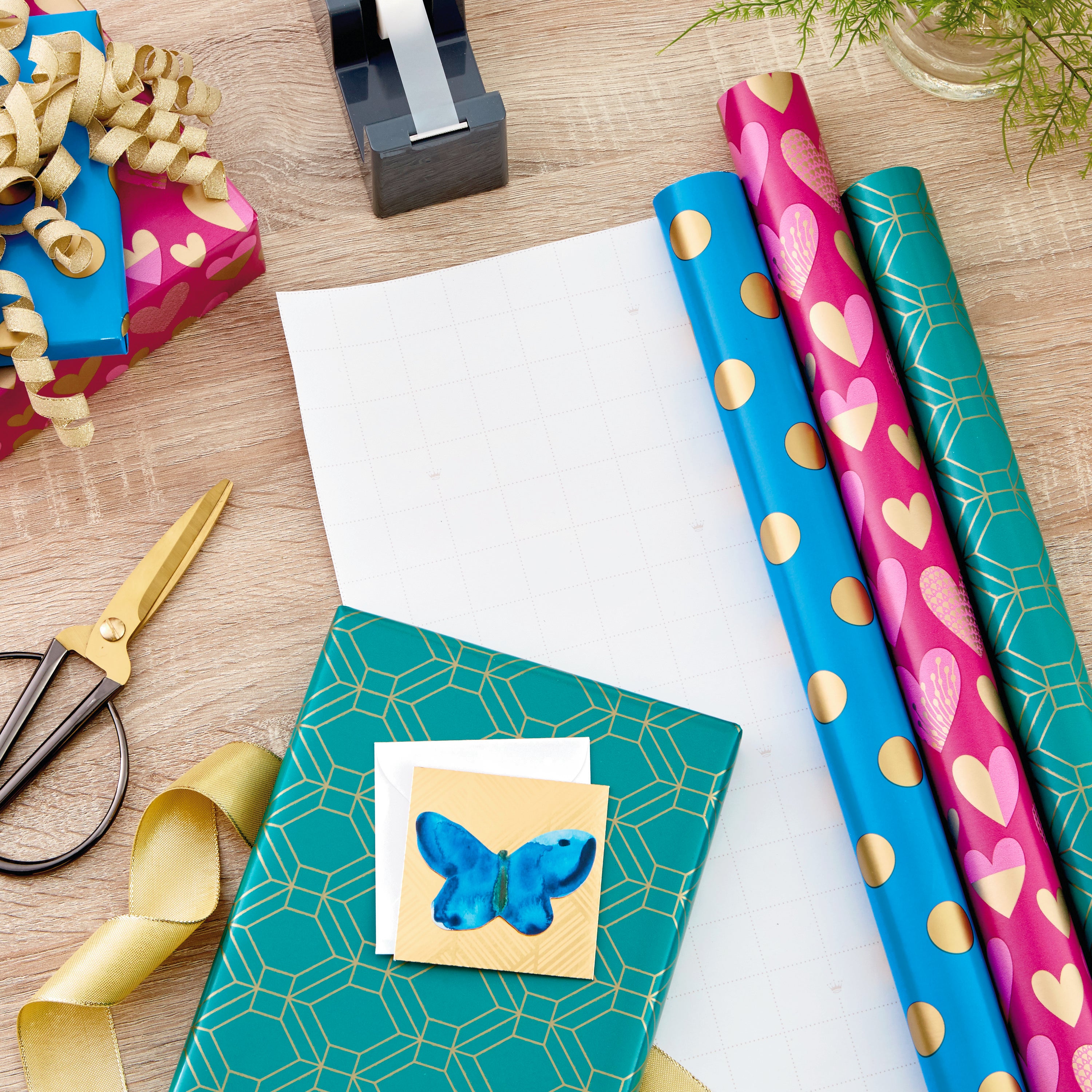 Hallmark All Occasion Wrapping Paper Bundle with Cut Lines on Reverse - Blue, Emerald, Magenta & Gold (3-Pack: 105 sq. ft. ttl.) for Birthdays, Weddings, Valentine's Day, Graduations & Bridal Showers