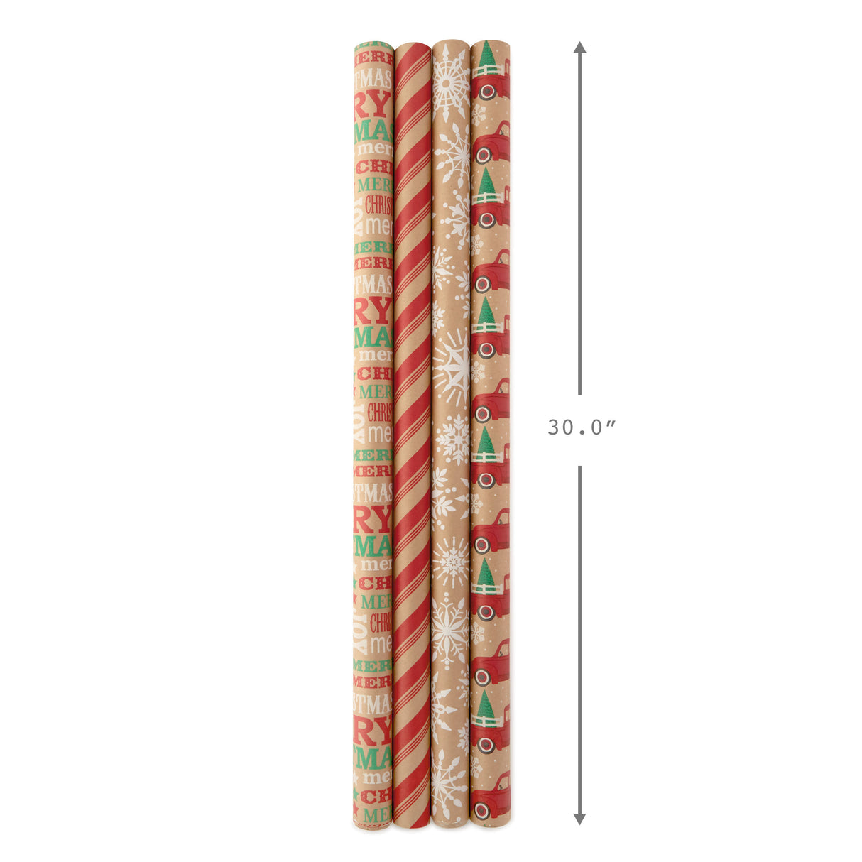 Kraft Christmas Wrapping Paper with Cutlines on Reverse (4 Rolls: 88 sq. ft. ttl) Red Trucks, Snowflakes, Red Stripes, Merry Christmas