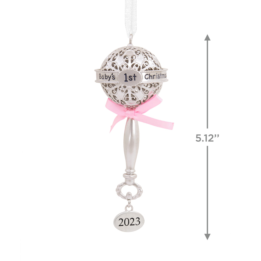 Hallmark Baby's First Christmas Silver Baby Rattle With Pink Ribbon 2023 Christmas Ornament, Premium Metal