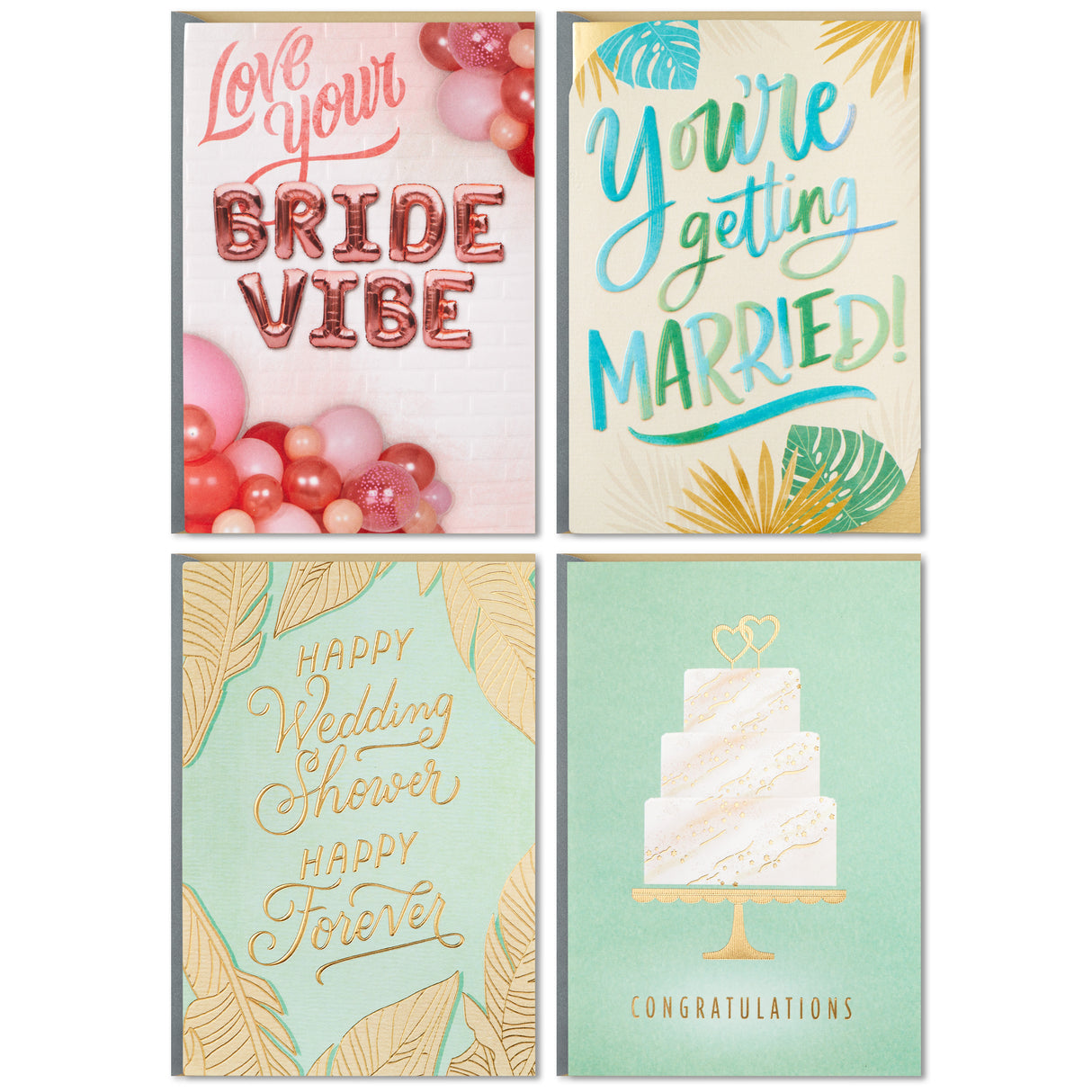 Hallmark Wedding Events Card Assortment, 4 Cards with Envelopes (Engagement Congratulations, Bachelorette, Bridal Shower, Wedding)