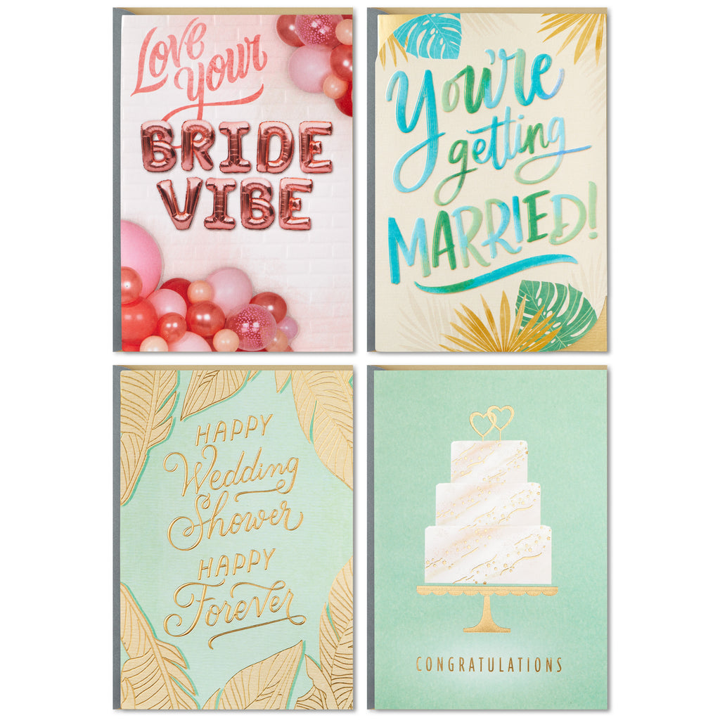 Hallmark Wedding Events Card Assortment, 4 Cards with Envelopes (Engagement Congratulations, Bachelorette, Bridal Shower, Wedding)