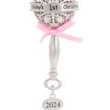 Baby's First Christmas Silver Baby Rattle With Pink Ribbon 2024 Christmas Ornament, Metal