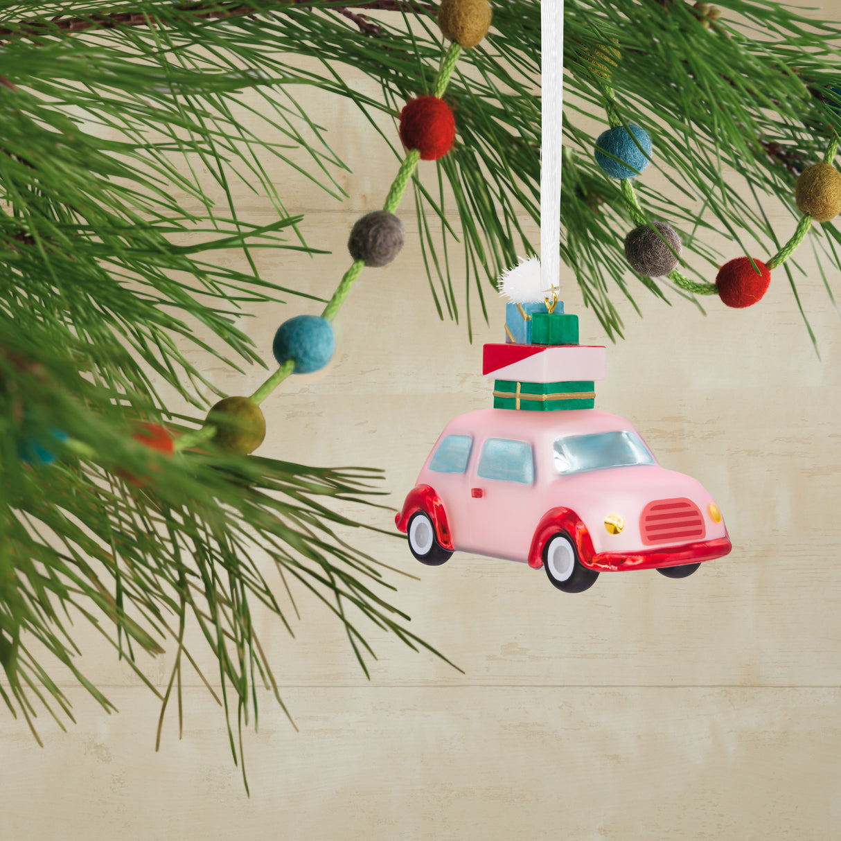 Signature Pink Car With Gifts Blown Glass Christmas Ornament