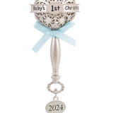 Baby's First Christmas Silver Baby Rattle With Blue Ribbon 2024 Christmas Ornament, Metal