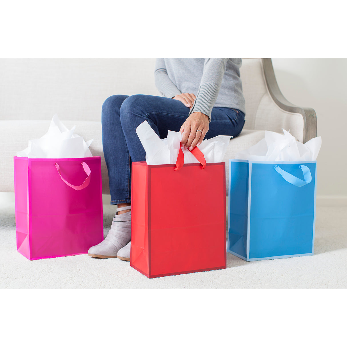 13" Large Solid Color Gift Bags - Pack of 3 (Red, Blue, Hot Pink) for Birthdays, Baby Showers, Holidays and More 