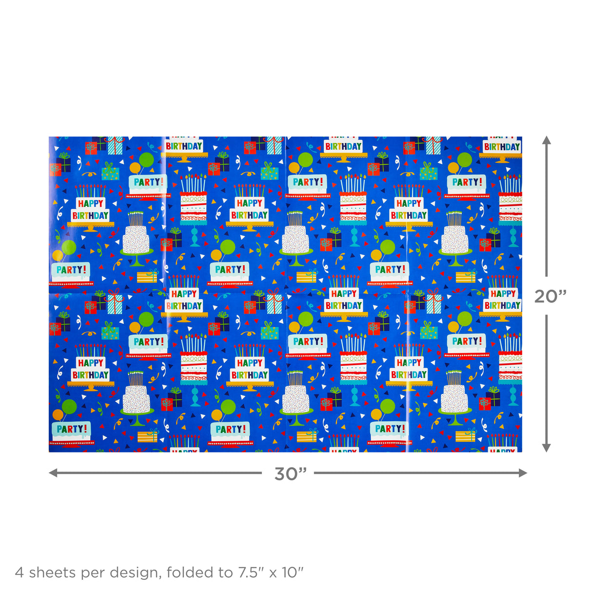 Flat Birthday Wrapping Paper Sheets with Cutlines on Reverse (12 Folded Sheets with Sticker Seals) Happy Birthday, Red Confetti, Blue with Cakes