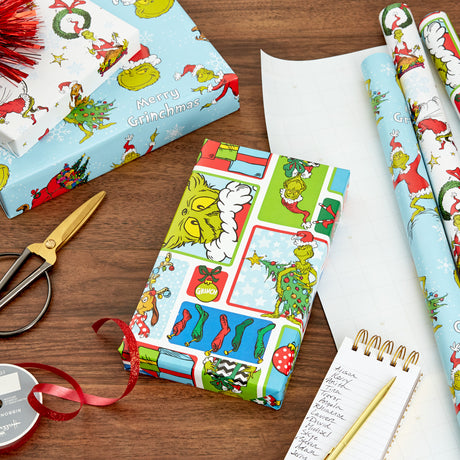 Grinch Wrapping Paper for Kids (3 Rolls: 105 Sq. Ft. Ttl) for Christmas with Blue Tiles, White Snowflakes, Cindy Lou Who, Max