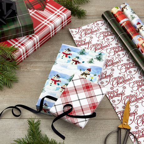 Reversible Christmas Wrapping Paper (3 Rolls: 120 sq. ft. ttl) Vintage Santa, Snowmen, Traditional Green, Red and White Plaids