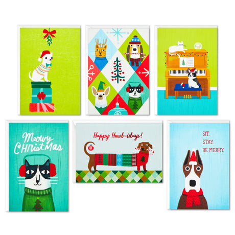 Boxed Christmas Cards Assortment, Holiday Cats and Dogs (6 Designs, 24 Cards with Envelopes)