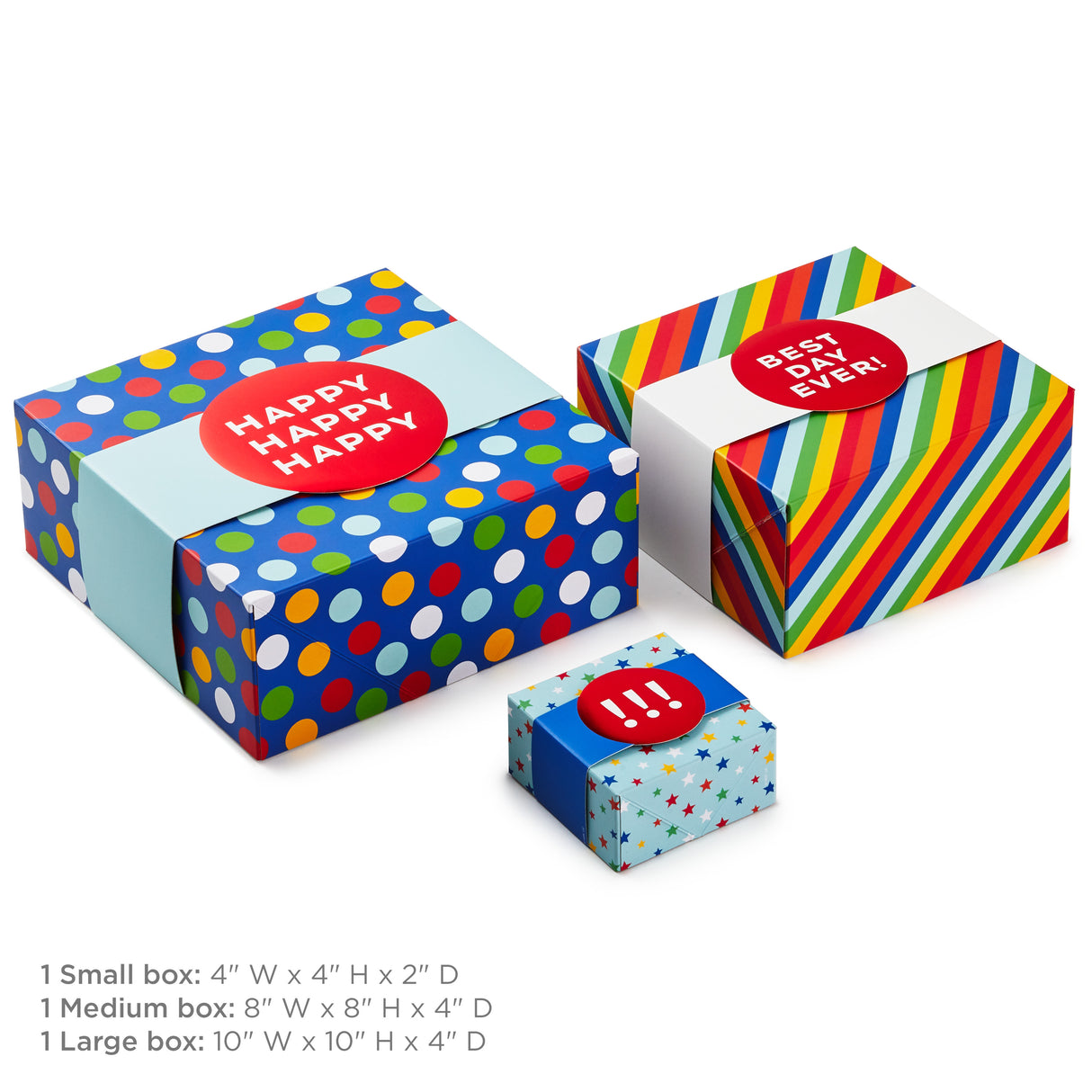 Hallmark Gift Boxes with Wrap Bands, Assorted Sizes (3-Pack: Rainbow Stripes, Dots, Stars) for Birthdays, Weddings, Baby Showers