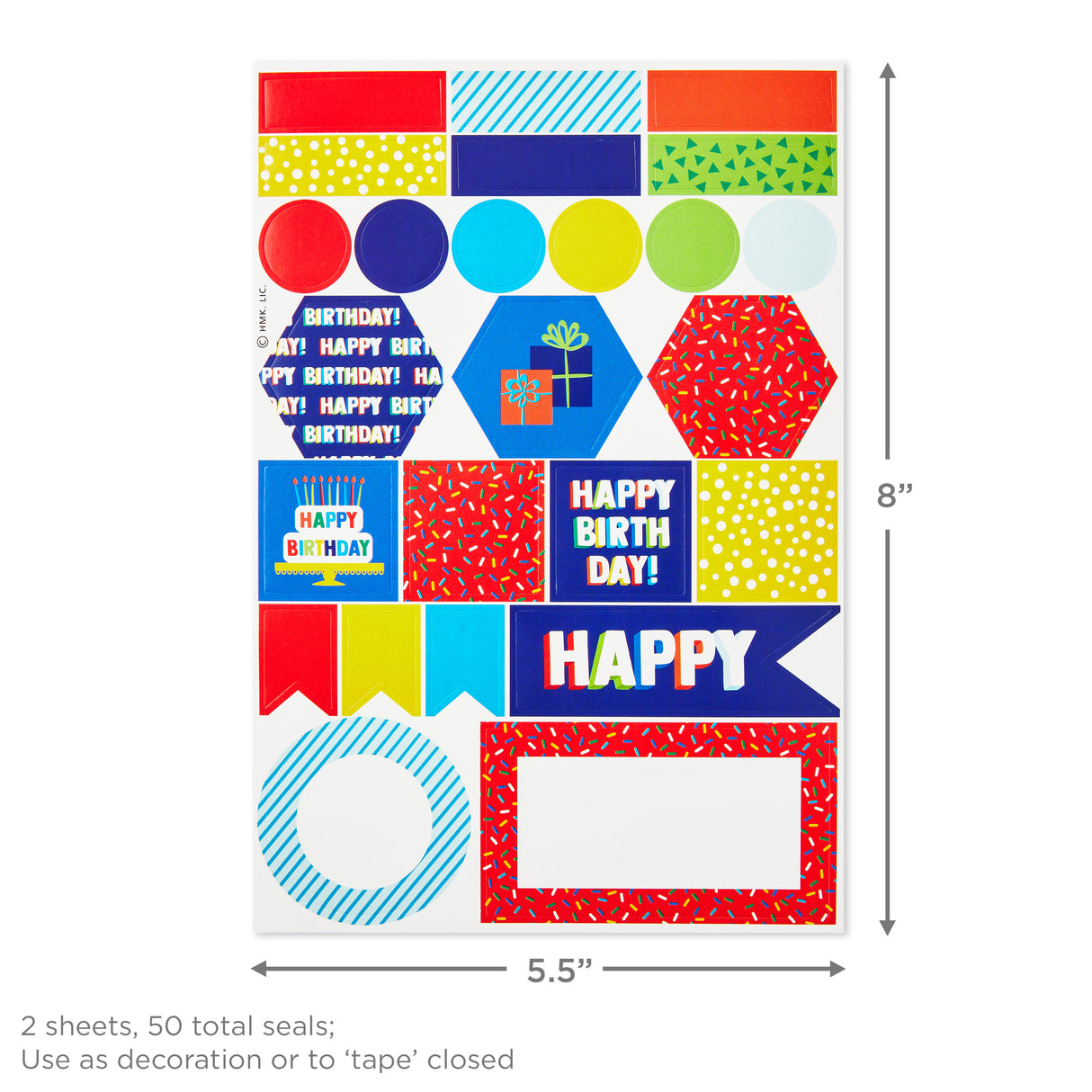 Flat Birthday Wrapping Paper Sheets with Cutlines on Reverse (12 Folded Sheets with Sticker Seals) Happy Birthday, Red Confetti, Blue with Cakes