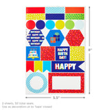 Flat Birthday Wrapping Paper Sheets with Cutlines on Reverse (12 Folded Sheets with Sticker Seals) Happy Birthday, Red Confetti, Blue with Cakes