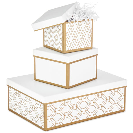 Nesting Boxes with Lids and Fill (Set of 3, White and Gold, Assorted Sizes) for Weddings, Bridal Showers, Holidays and More