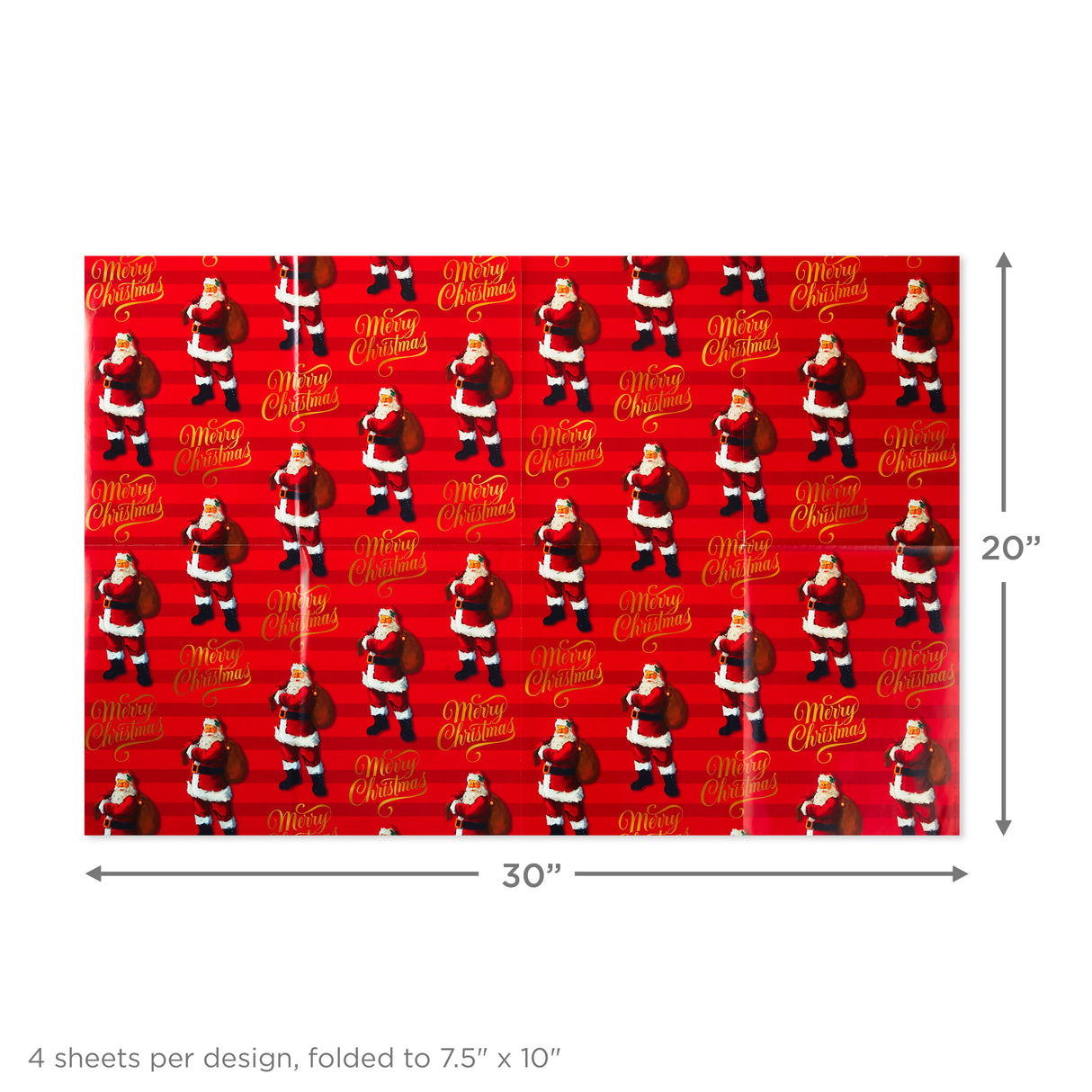 Flat Christmas Wrapping Paper Sheets with Cutlines on Reverse and Gift Tag Seals (12 Folded Sheets, 16 Gift Tag Stickers) Red, White and Gold Stripes, Santa Claus, Snowflakes on Plaid