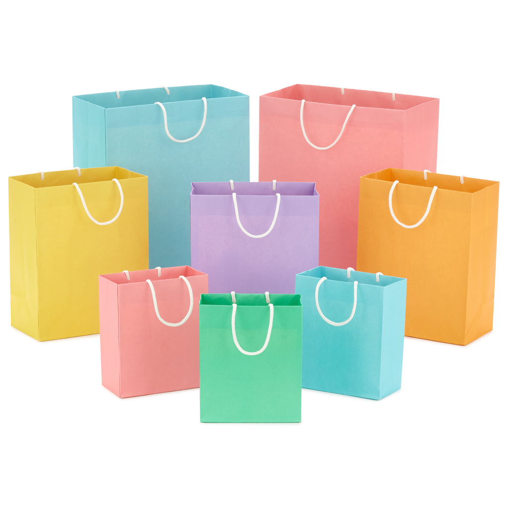 Recyclable Gift Bag Assortment (8 Bags: 3 Small 6", 3 Medium 9", 2 Large 13") Pastel Blue, Pink, Yellow, Purple, Orange, Green for Birthdays, Easter, Baby Gifts, Bridal Showers