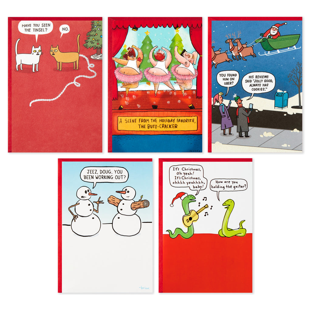 Shoebox Funny Christmas Cards Assortment, 5 Cards with Envelopes (Cats, Snowmen, Santa)