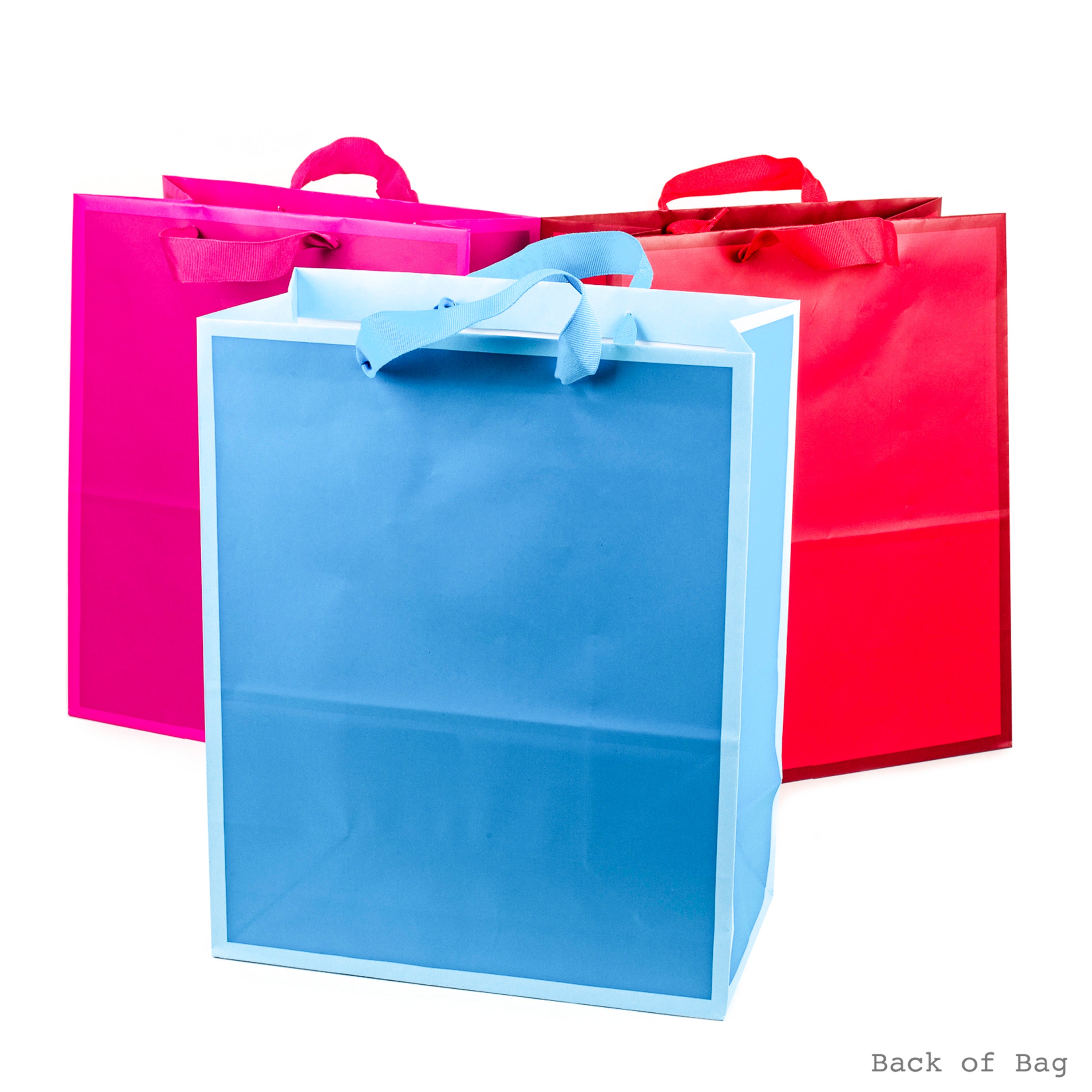 13" Large Solid Color Gift Bags - Pack of 3 (Red, Blue, Hot Pink) for Birthdays, Baby Showers, Holidays and More 