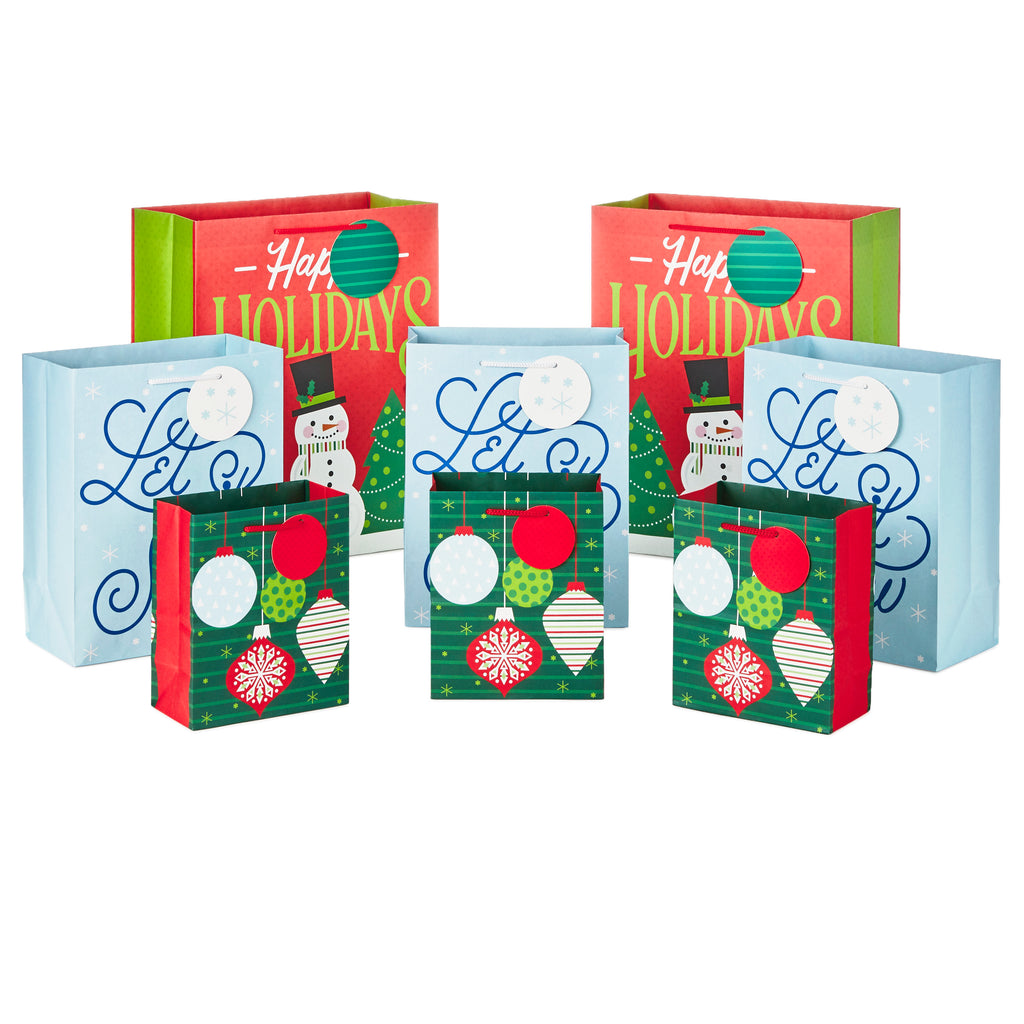 Holiday Gift Bag Assortment (8 Gift Bags: 3 Small 6", 3 Medium 9", 2 Large 13") Red, Green and Blue Ornaments, "Let It Snow," "Happy Holidays" with Snowman and Christmas Trees