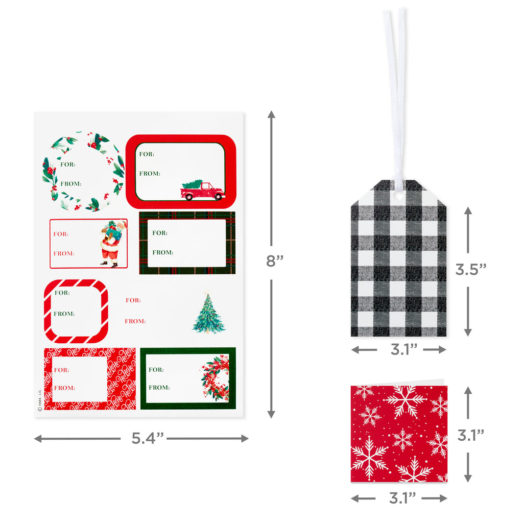 Christmas Gift Tags with Ribbon, Sticker Seals, and Mini Notecards (Elegant Plaid, Snowflakes, Cardinals) for Gift Bags and Wrapped Presents