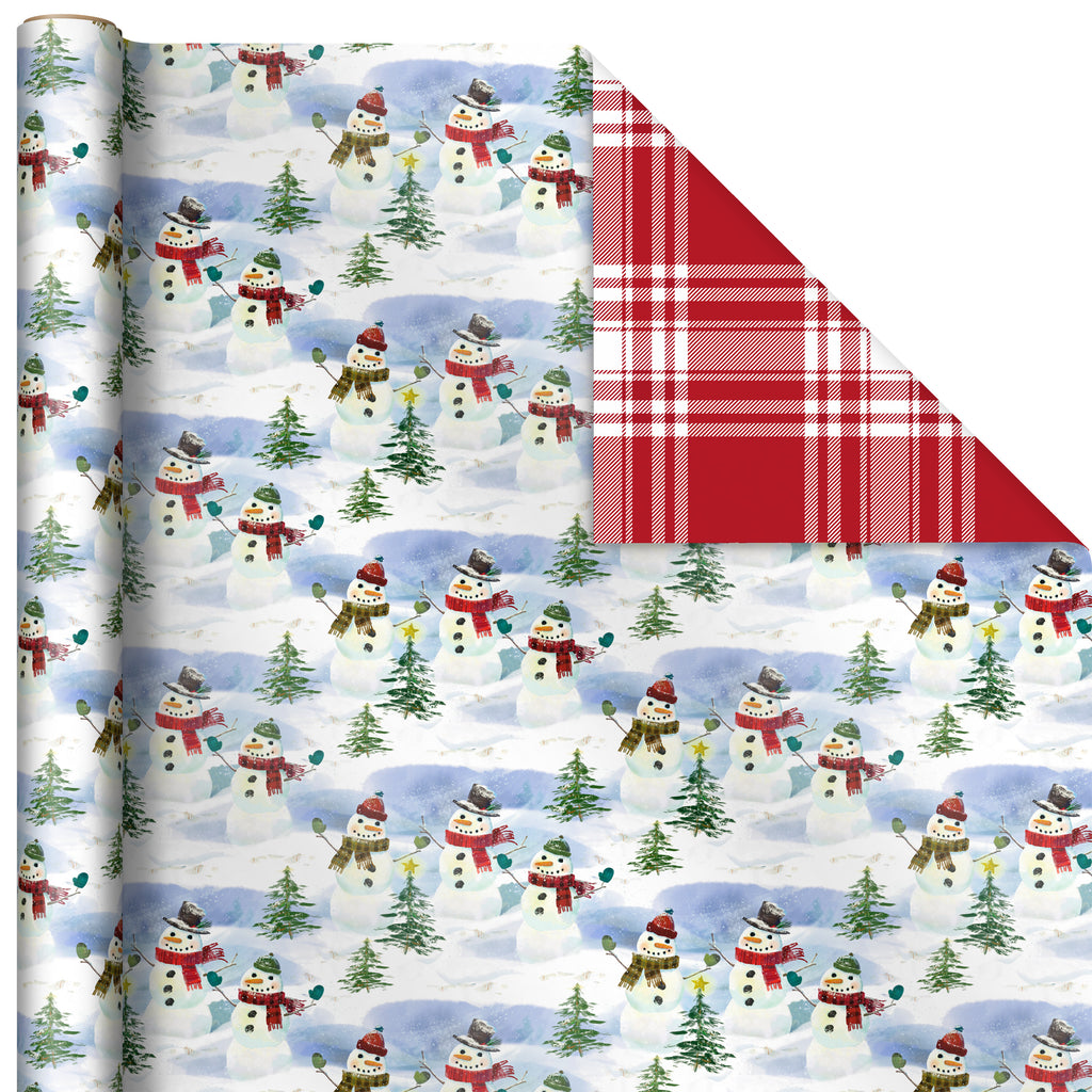 Reversible Christmas Wrapping Paper (3 Rolls: 120 sq. ft. ttl) Vintage Santa, Snowmen, Traditional Green, Red and White Plaids