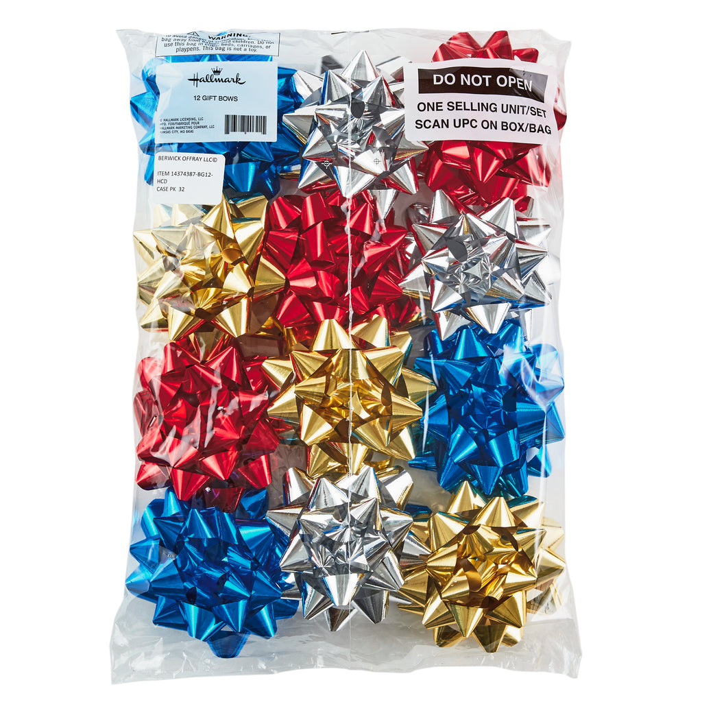 Holiday Gift Bow Assortment (12 Bows) Sparkly Red, Blue, Gold, White for Christmas, Hanukkah, Birthdays, Weddings, Bridal Showers
