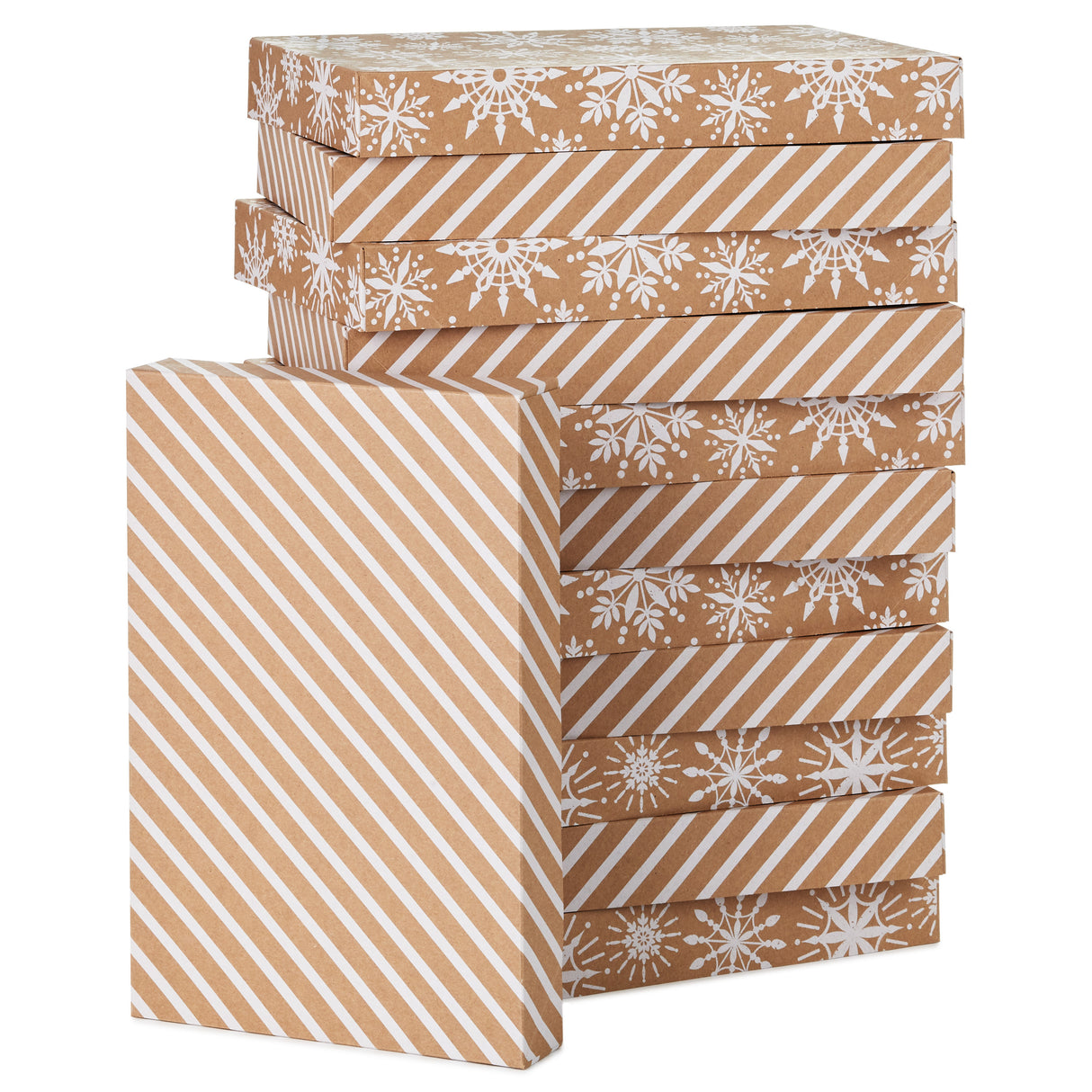 Kraft Shirt Box Bundle (12 Boxes: White Snowflakes and Stripes on Kraft) for Christmas, Hanukkah, Birthdays, Weddings and More