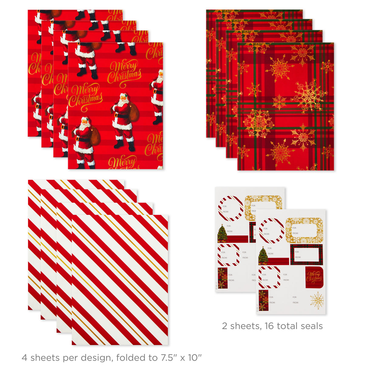 Flat Christmas Wrapping Paper Sheets with Cutlines on Reverse and Gift Tag Seals (12 Folded Sheets, 16 Gift Tag Stickers) Red, White and Gold Stripes, Santa Claus, Snowflakes on Plaid