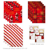 Flat Christmas Wrapping Paper Sheets with Cutlines on Reverse and Gift Tag Seals (12 Folded Sheets, 16 Gift Tag Stickers) Red, White and Gold Stripes, Santa Claus, Snowflakes on Plaid