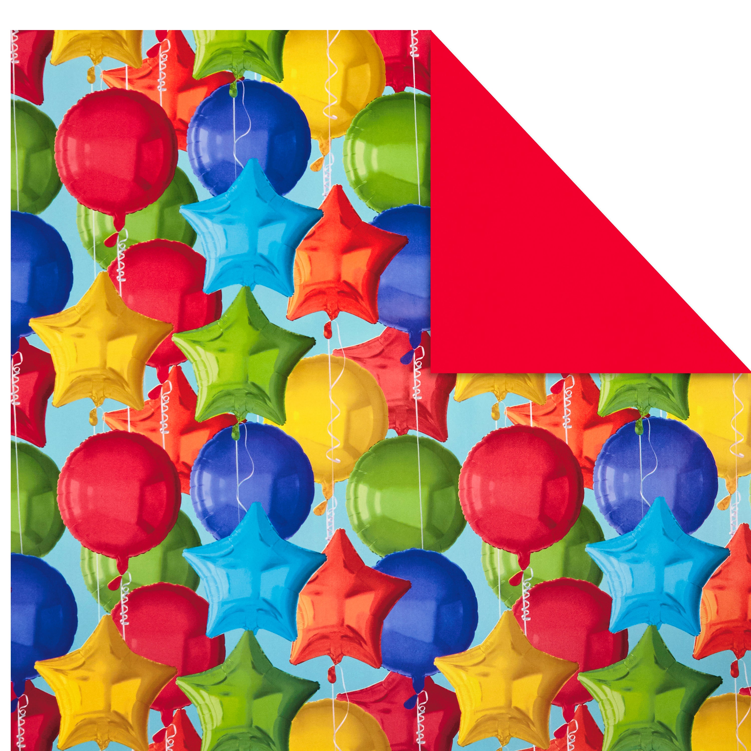 All Occasion Reversible Wrapping Paper Bundle - Kids Birthday (3 Rolls - 75 sq. ft. total) Balloons, Stars, Cupcakes, Blue Stripes, Solid Red