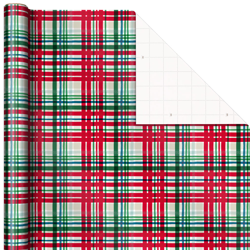 Rustic Red and Green Christmas Wrapping Paper Set (90 sq. ft. ttl, 10 Bows, 4 Ribbon Colors, 40 Gift Tag Stickers) Snowflakes, Trees, Plaid