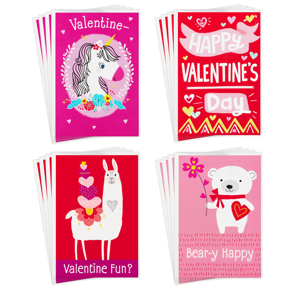 Assorted Valentines Day Cards for Kids, 12 Cards with Envelopes (Unicorns, Bears, Llamas)