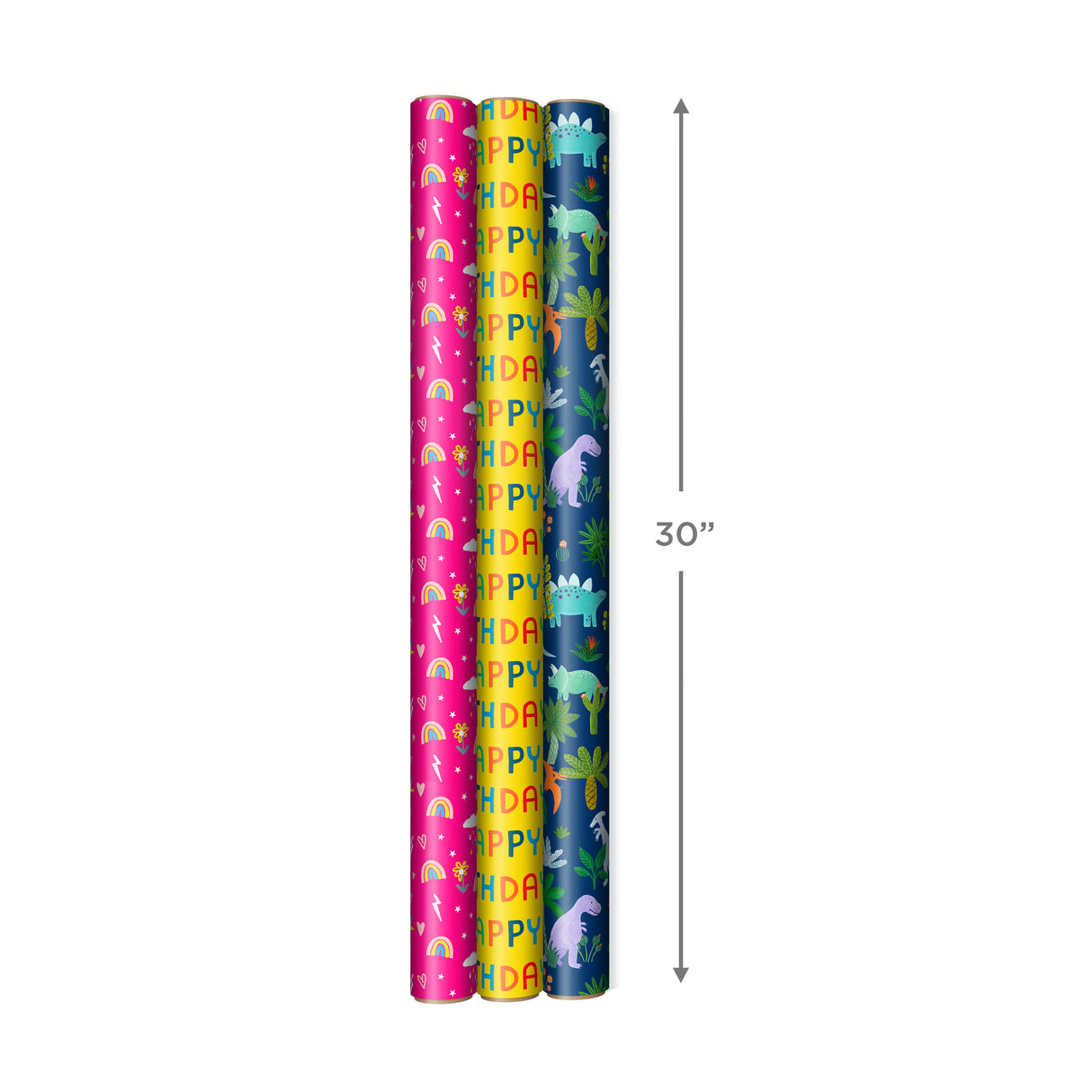 Kids Birthday Wrapping Paper (3 Rolls: 75 sq. ft. ttl) Pink Rainbows, Blue Dinosaurs, Yellow "Happy Birthday"