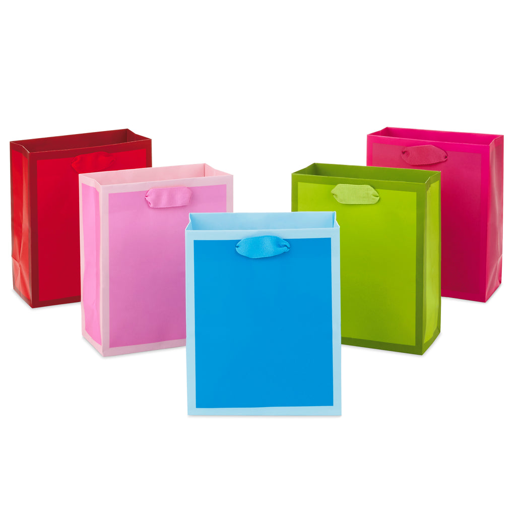 6" Small Solid Color Gift Bags - Pack of 5 in Red, Green, Blue, Light Pink, Hot Pink for Birthdays, Holidays, Parties or Any Occasion