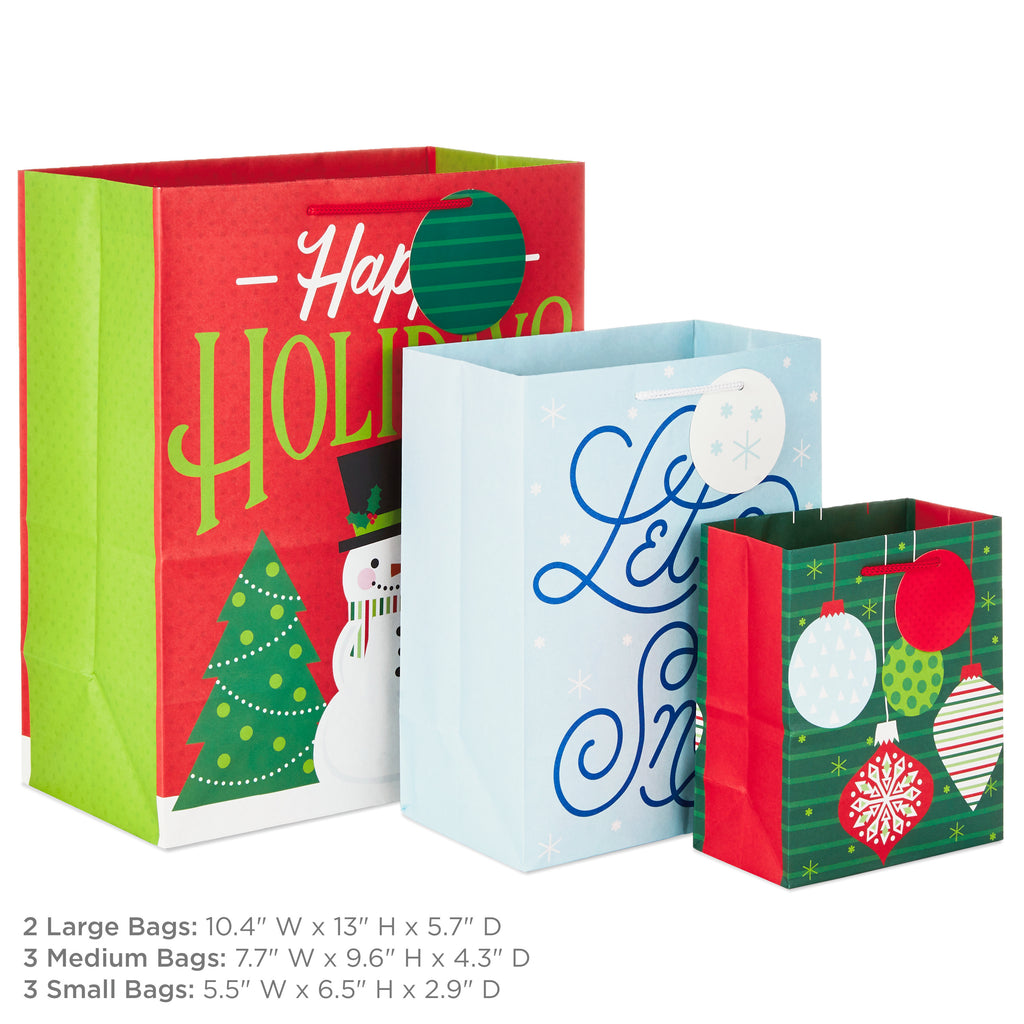 Holiday Gift Bag Assortment (8 Gift Bags: 3 Small 6", 3 Medium 9", 2 Large 13") Red, Green and Blue Ornaments, "Let It Snow," "Happy Holidays" with Snowman and Christmas Trees