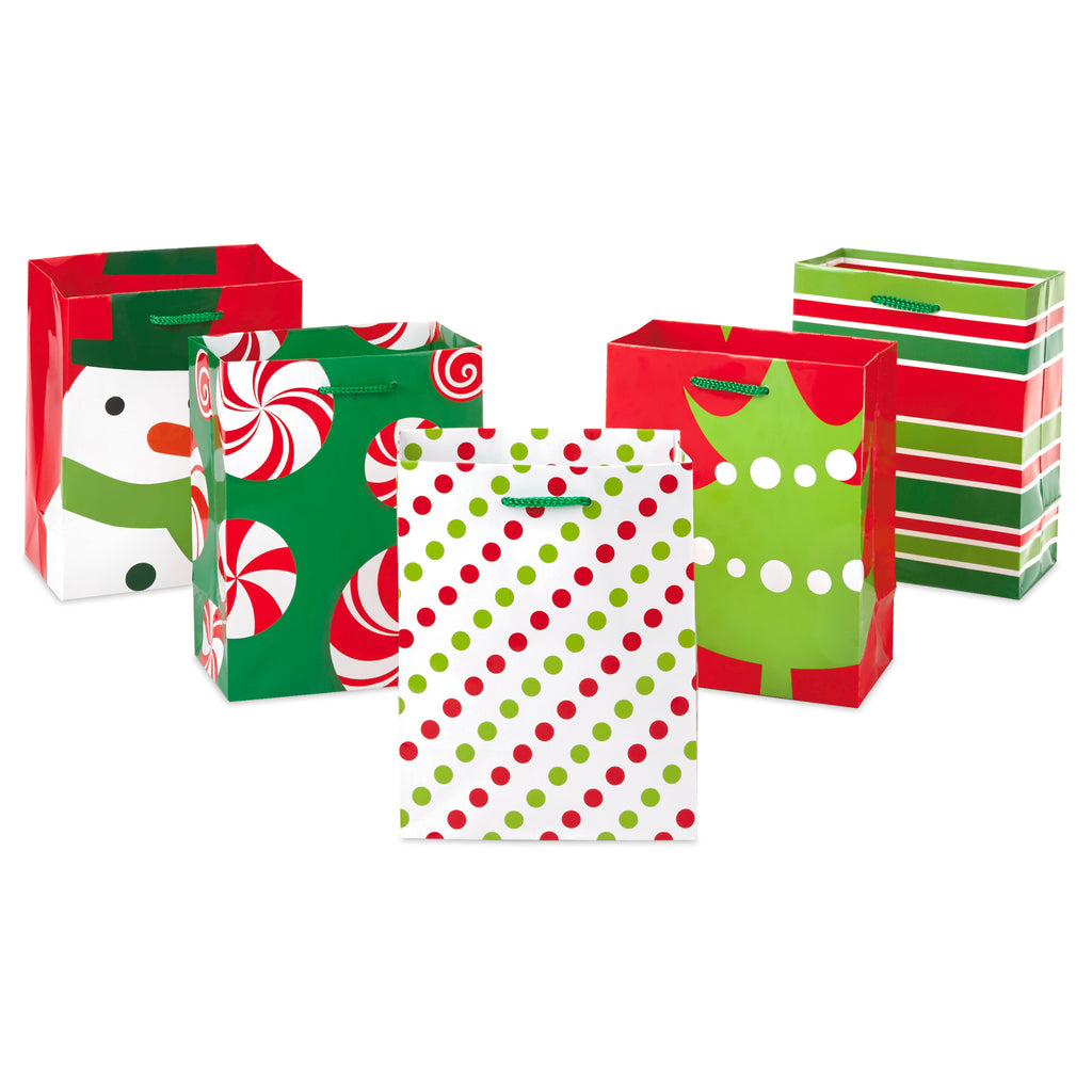 6" Small Holiday Gift Bag Assortment (Pack of 5: Snowman, Tree, Candy, Polka Dots, Stripes) for Stocking Stuffers, Gift Cards, Party Favors and More