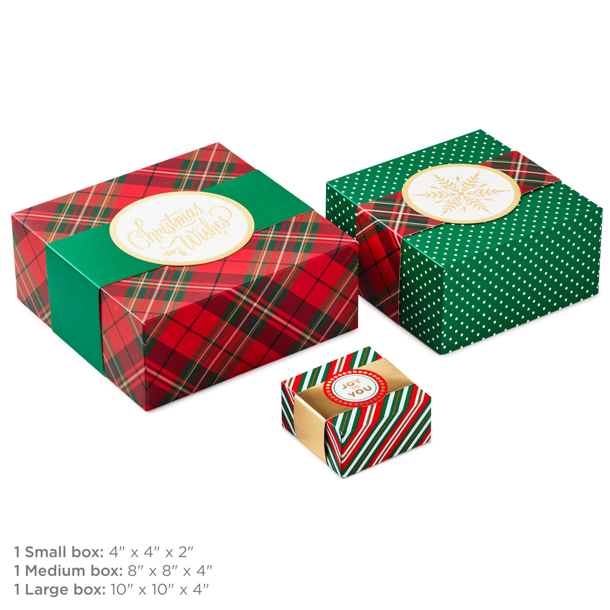 Assorted Size Gift Boxes with Wrap Bands for Christmas (3 Boxes: Red, Green, Gold, "Christmas Wishes," "Joy to You") Snowflakes, Stripes, Dots, Plaid